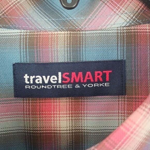 Round Tree & York Men smart  blue brown red plaid long sleeve button up shirt L - Picture 5 of 9